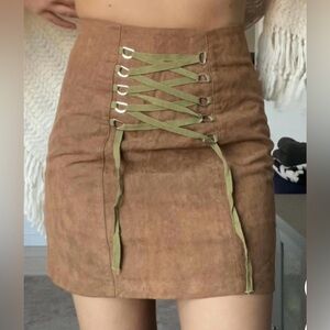 Raga Women's Camel Brown Faux Suede Mini Skirt Olive Green Corseting Med…